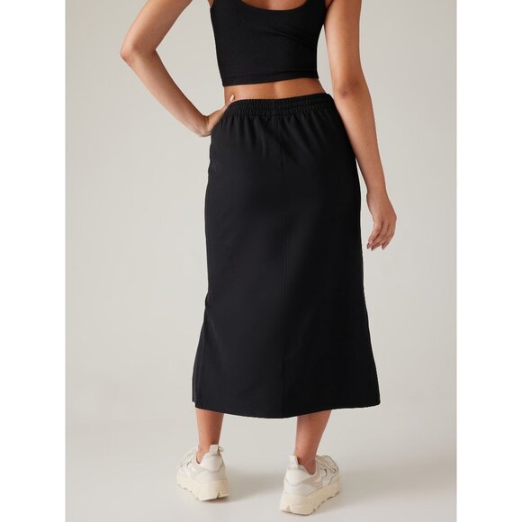 Athleta Stride Black Drawstring Elastic Waist Side Slit Midi Skirt Women's Large - Picture 3 of 9